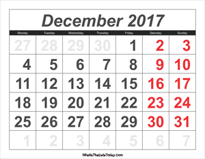 2017 calendar december with large numbers