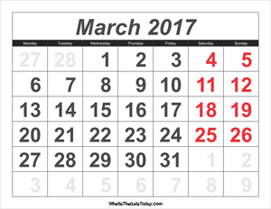 2017 calendar march with large numbers
