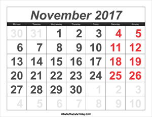2017 calendar november with large numbers