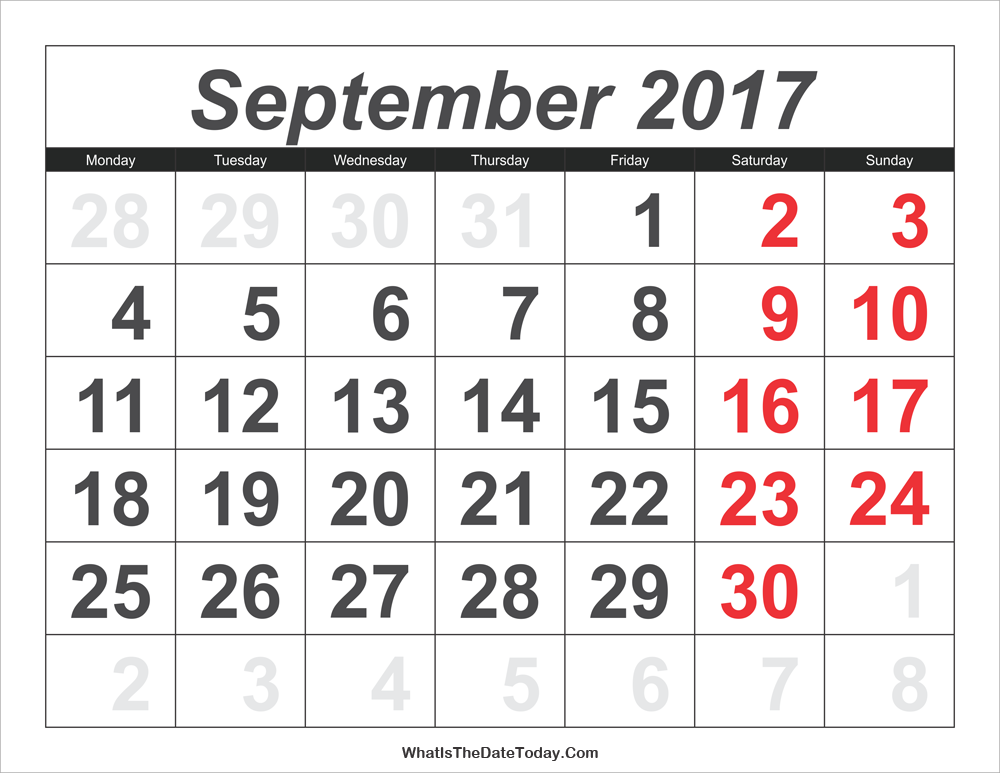 September 2017 Calendar Page
