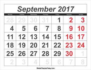 2017 calendar september with large numbers