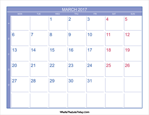 2017 march calendar with week numbers