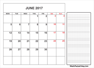 2017 printable june calendar with notes
