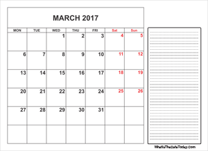 2017 printable march calendar with notes