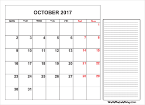 2017 printable october calendar with notes