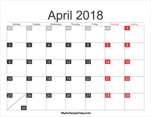 2018 april calendar printable