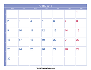 2018 april calendar with week numbers