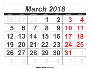 2018 calendar march with large numbers