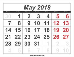 2018 calendar may with large numbers
