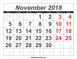 2018 calendar november with large numbers
