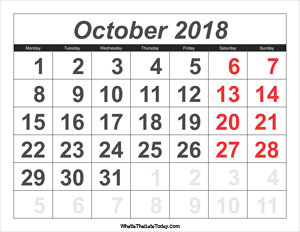 2018 calendar october with large numbers