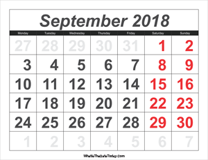 2018 calendar september with large numbers