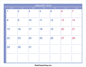 2018 january calendar with week numbers