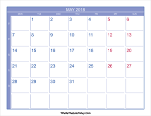 2018 may calendar with week numbers