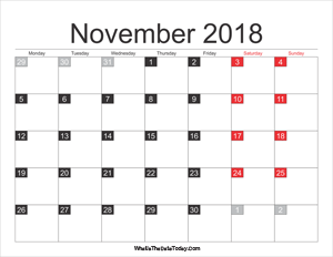 2018 november calendar printable