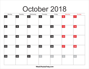 2018 october calendar printable