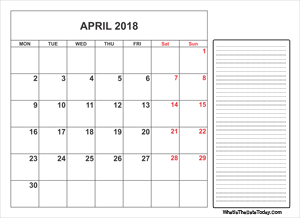 2018 printable april calendar with notes