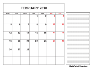 2018 printable february calendar with notes