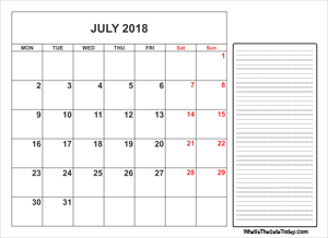 2018 printable july calendar with notes