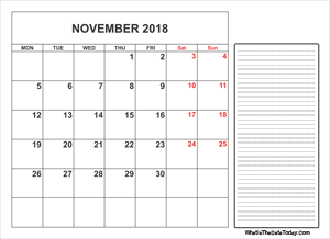 2018 printable november calendar with notes