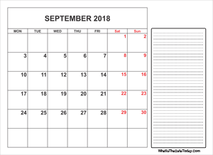 2018 printable september calendar with notes