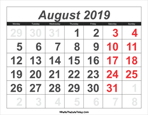 2019 calendar august with large numbers