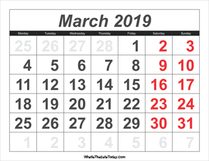 2019 calendar march with large numbers