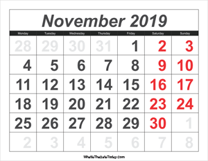 2019 calendar november with large numbers