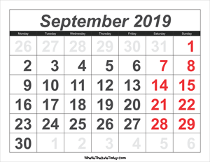 2019 calendar september with large numbers