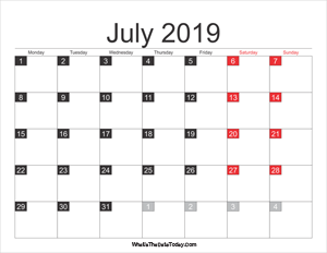 2019 july calendar printable