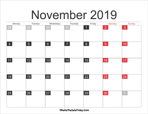 2019 november calendar printable