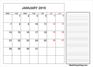 2019 printable january calendar with notes