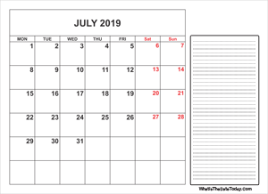 2019 printable july calendar with notes