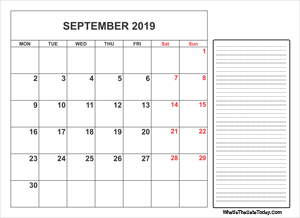 2019 printable september calendar with notes