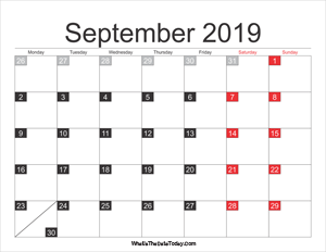 2019 september calendar printable