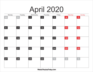 2020 april calendar printable