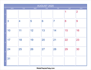 2020 august calendar with week numbers
