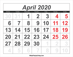 2020 calendar april with large numbers