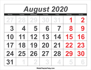 2020 calendar august with large numbers