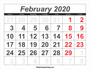 2020 calendar february with large numbers