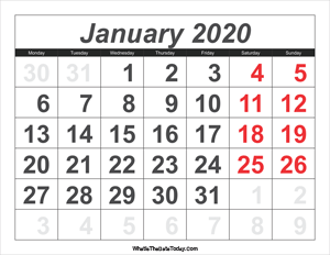 2020 calendar january with large numbers
