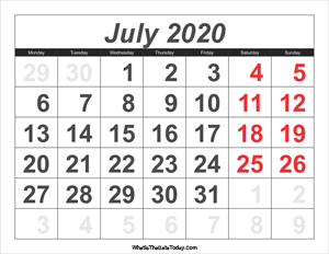 2020 calendar july with large numbers