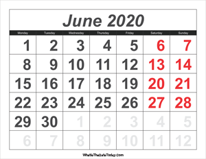 2020 calendar june with large numbers