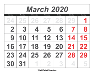 2020 calendar march with large numbers
