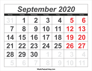 2020 calendar september with large numbers