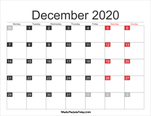 2020 december calendar printable