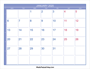 2020 january calendar with week numbers