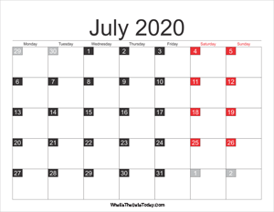 2020 july calendar printable