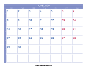 2020 june calendar with week numbers
