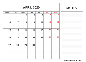 2020 printable april calendar with notes